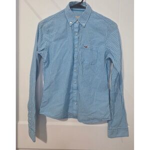 Hollister Women's Blue Gingham Button Down Shirt Size Small Long Sleeve Cotton